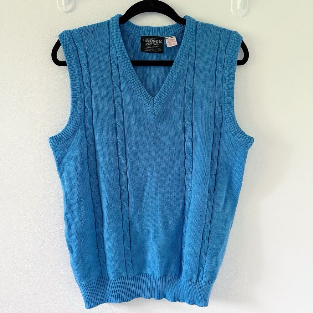 Vtg 70s 80s Preppy Grandpa Cable Knit Sweater Vest Mens Large Blue Acrylic Boho